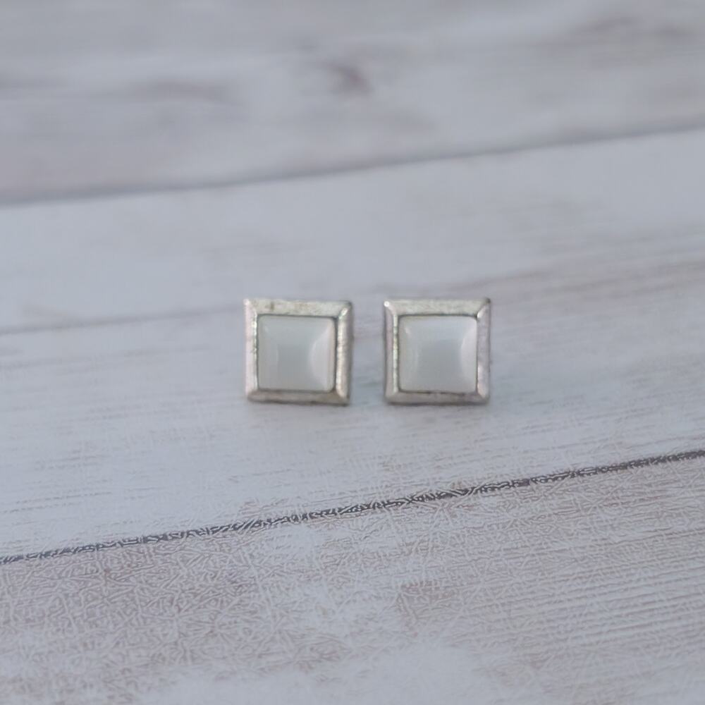 Vintage Stud Earrings Frosted Square with Silver Tone Halo - Condition Issues